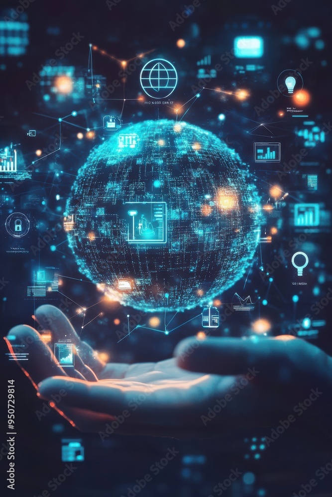 Poster hand holding a futuristic hologram of a global network with digital connections and data icons repre