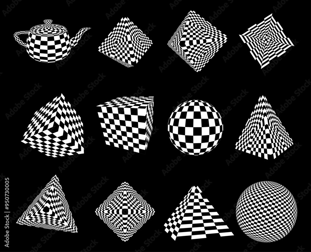 Leinwandbilder Y2K Graphic Design 3D Forms with Checkered Texture. Abstract Surreal 3D Shapes. Trendy Y2K Geometric Shapes. Brutalist Design Elements. Vector Illustration.