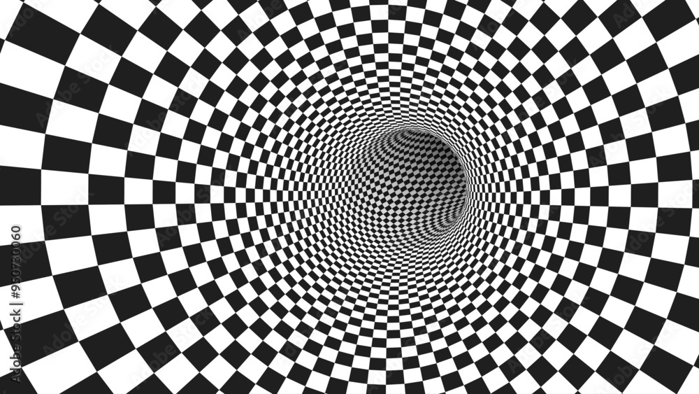 Poster Abstract Black and White Optical Illusion Surrealism Tunnel Portal Pattern. Contrasty Optical Art Gravity Vortex. Smooth Checkered Tunnel and Chessboard in Perspective. Vector Illustration.