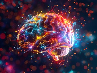 A stunning 3D illustration of a brain with vibrant colors and neural networks, representing neuroscience and brain activity.