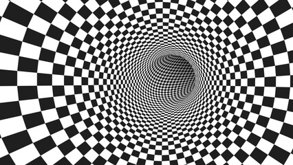 Abstract Black and White Optical Illusion Surrealism Tunnel Portal Pattern. Contrasty Optical Art Gravity Vortex. Smooth Checkered Tunnel and Chessboard in Perspective. Vector Illustration.