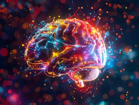 A stunning 3D illustration of a brain with vibrant colors and neural networks, representing neuroscience and brain activity.