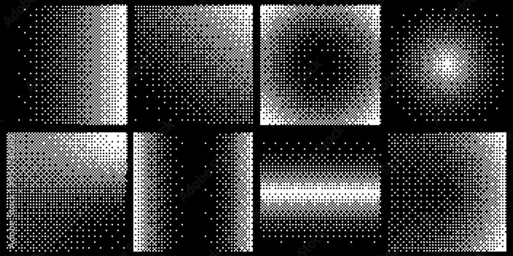 Poster Abstract Y2K Pixel Gradation Dithering Halftone Fade Gradation Effect Graphic Design Elements Set. Bitmap Raster Dithering Transition Effect. Bold Brutalist Design. Vector Illustration.
