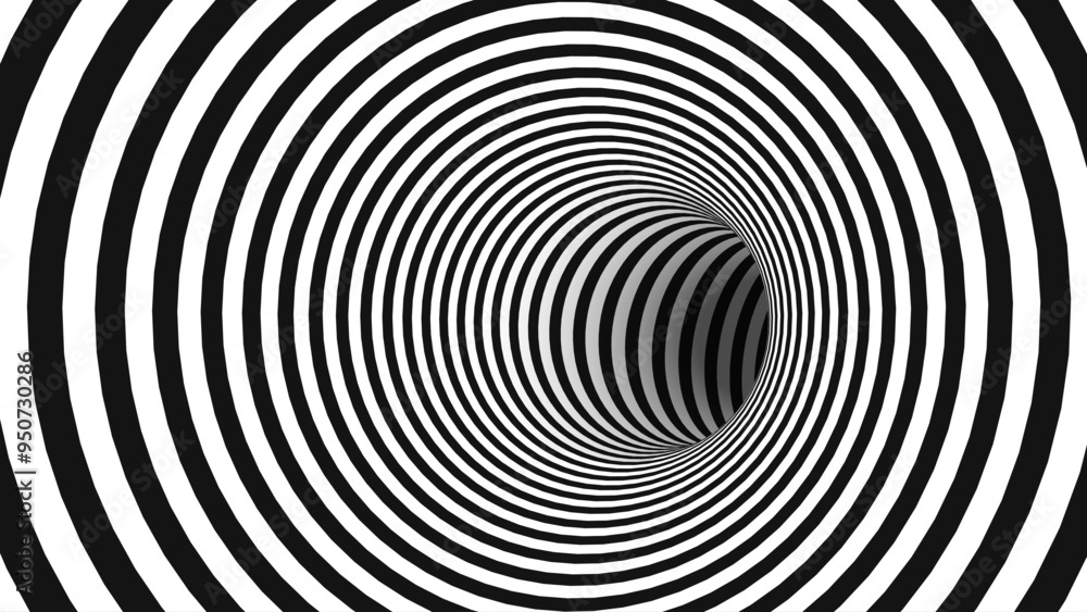 Poster Abstract Black and White Optical Illusion Surrealism Tunnel Portal Pattern. Contrasty Optical Art Gravity Vortex. Smooth Checkered Tunnel and Chessboard in Perspective. Vector Illustration.