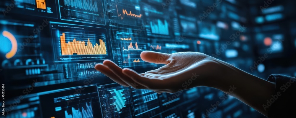 Poster hand interacting with futuristic holographic digital interface displaying financial data and analyti