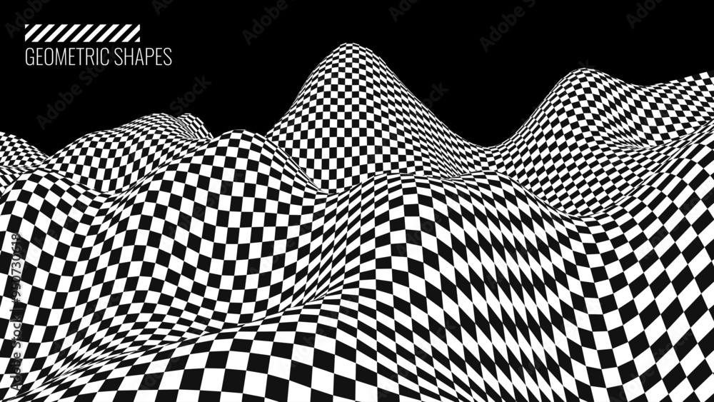 Poster Waved Checkered Pattern Background Y2k Style. Warped Texture With Black And White Squares. Warped Chessboard. Race Flag. Textile Plaid. Vector Illustration.