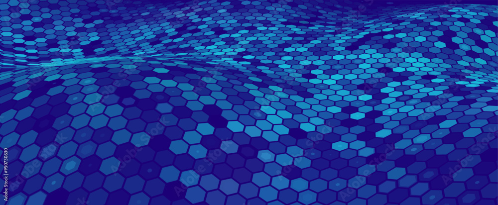 Fototapete Blue Hexagon Pattern. Abstract Medical Chemical Tech Background. Hexagonal Pattern for Hi-Tech Science Design. Cyber Hexagon 3D Grid Sci-Fi Game Backdrop. Vector Illustration.