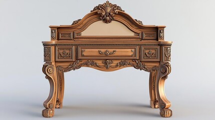 Ornate wooden desk with intricate carvings and a decorative design.