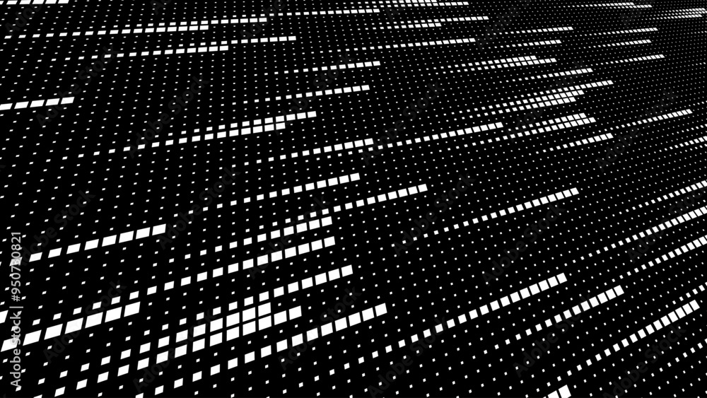 Poster Abstract Digital Mosaic Grid Dots Halftone Tech Background Pattern. White Pixels Moving Fast on Grid. Hi-Tech Minimal Technology Design Texture. Digital Data Flow Transfer. Vector Illustration.