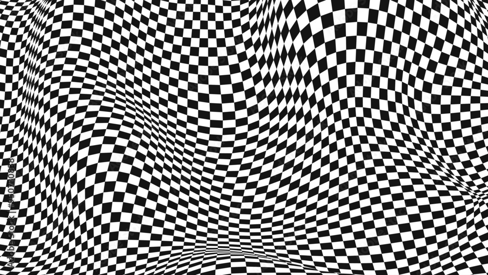 Poster Checkered Background With Distortion Effect. Abstract Black And White Background, Distorted Checkered Pattern. Chessboard Surface. Abstract Banner With Distortion. Vector Illustration.