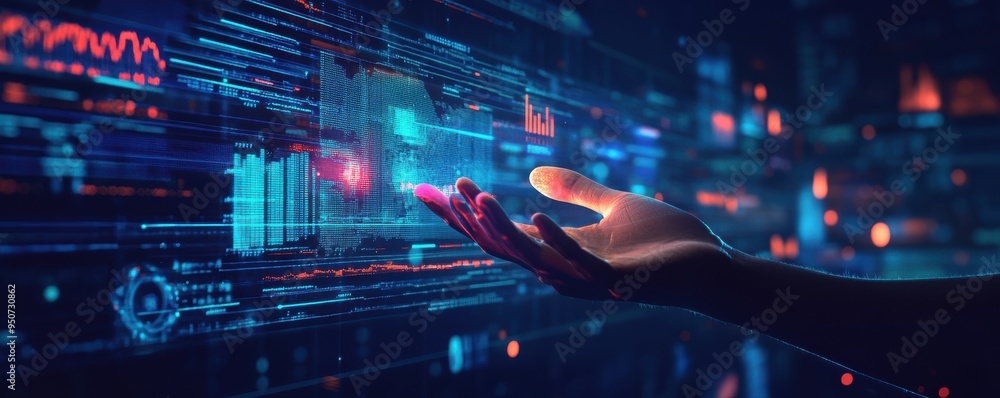 Poster futuristic hand reaching towards a digital hologram interface in a vibrant, tech-driven environment 