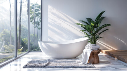 Modern bathroom interior with white bathtub green plant and window overlooking forest bathroom design ideas home decor