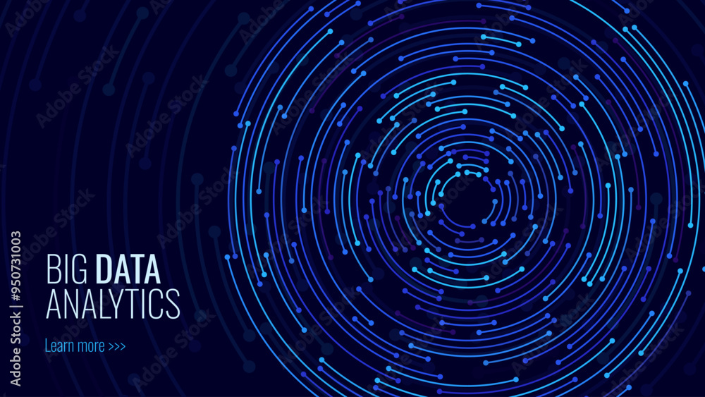 Poster Concentric Circles Digital Tech Circuit Pattern. Technology Background of Circular Lines and Dot Connections. Abstract Circle Big Data Transmission Internet Network. Vector Illustration.