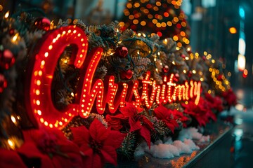 Obraz premium Festive Christmas Display with Bright Lights and Poinsettias
