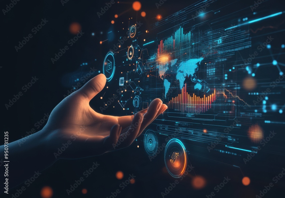 Poster futuristic hologram of digital data with a hand showcasing innovative technology and global networks