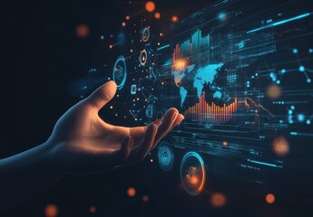 Futuristic hologram of digital data with a hand showcasing innovative technology and global networks on a dark background