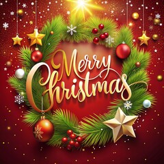 Merry Christmas wreath with stars on red festive background