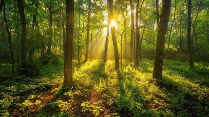 Fototapeta premium A stunning sunrise over a lush, green forest, with the sun filtering through the trees, casting dappled shadows on the forest floor