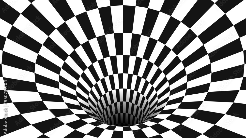 Fototapete Abstract Black and White Optical Illusion Surrealism Tunnel Portal Pattern. Contrasty Optical Art Gravity Vortex. Smooth Checkered Tunnel and Chessboard in Perspective. Vector Illustration.