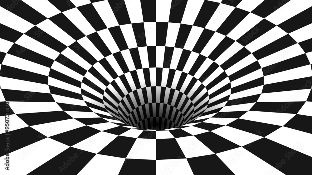 Aufkleber Abstract Black and White Optical Illusion Surrealism Tunnel Portal Pattern. Contrasty Optical Art Gravity Vortex. Smooth Checkered Tunnel and Chessboard in Perspective. Vector Illustration.