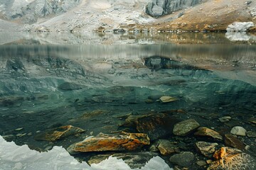 Fototapeta premium Tranquil Mountain Lake with Crystal Clear Waters and Rocky Bottom