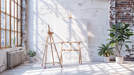 Empty canvas mockup on wooden easel Artist studio interior with sunlight shadows white brick wall plants and window Minimal workplace decoration