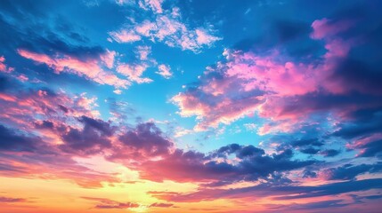 Obraz premium Majestic Sunset Sky with Vibrant Colorful Clouds Reflecting Last Light of Day