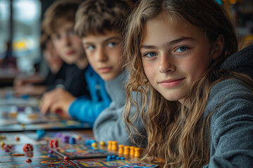 Fototapeta premium Teens playing board games around a table, engaging in friendly competition. Concept of strategy and social interaction.