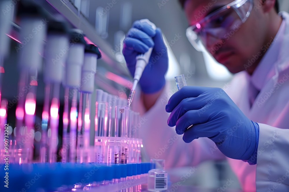 Poster scientist conducting experiments in a modern laboratory with colorful lighting