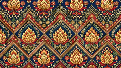 Seamless Thai-inspired textile pattern with intricate cultural details, Thai, seamless, textile, pattern, culture, traditional