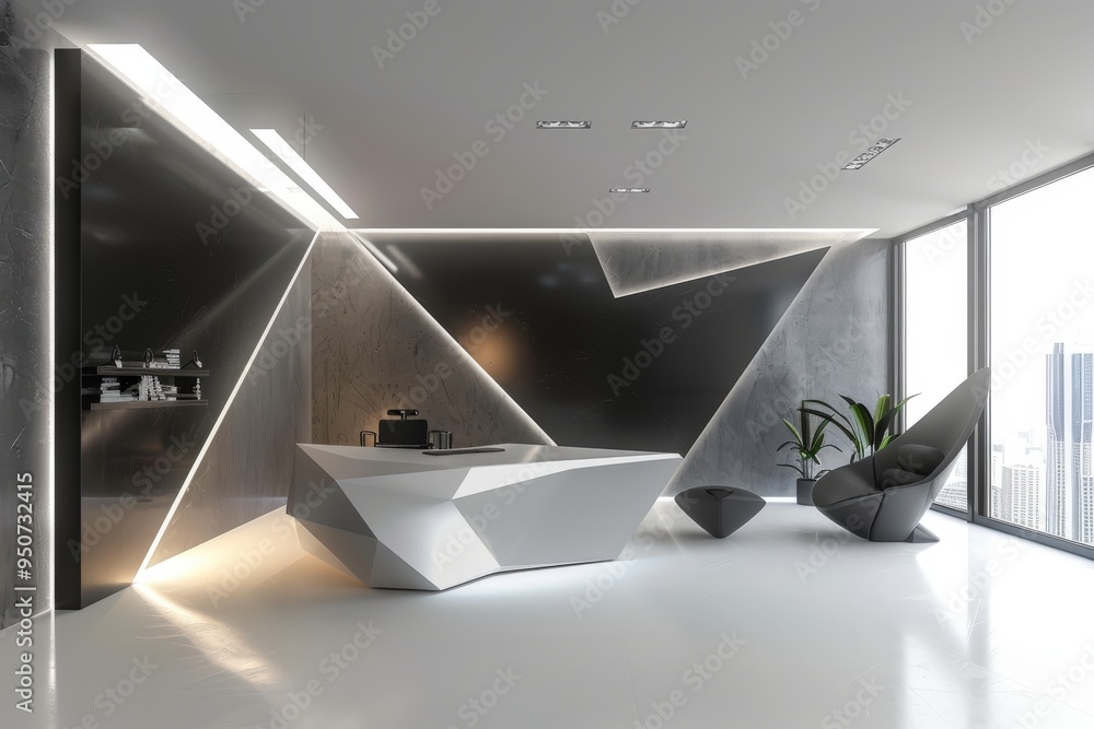 Wall mural a modern office space with a white desk and a black wall, generative ai image