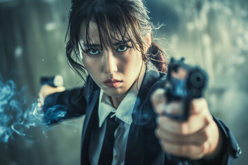 A determined Japanese woman in a business suit aiming two guns in an intense action scene, exuding focus and power amidst the smoke.