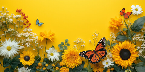 Sfondo giallo primaverile con farfalle e spazio per messaggio.
