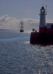 A tallship anchored off Newlyn harbour, Cornwall, UK.