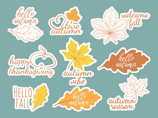 Hello autumn lettering sticker pack. Outline and flat vector illustrations of autumn elements with fall season slogans and welcome phrase for stickers, card, label, web, sales, Thanksgiving Day decor