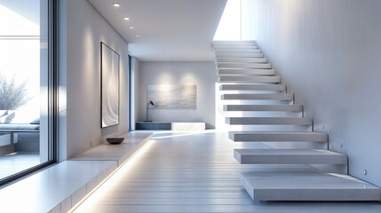 Obraz premium Modern interior living room white architecture staircase home house design luxury bright wood floor