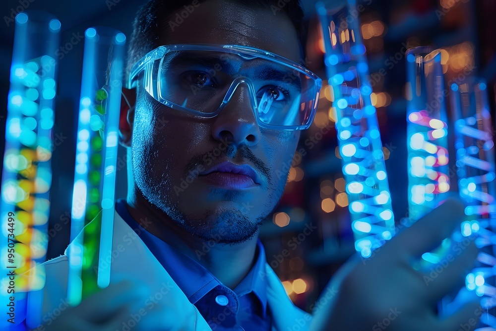 Poster scientist analyzing colorful solutions in a laboratory setting