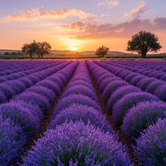 Sunset over a peaceful lavender field with golden light