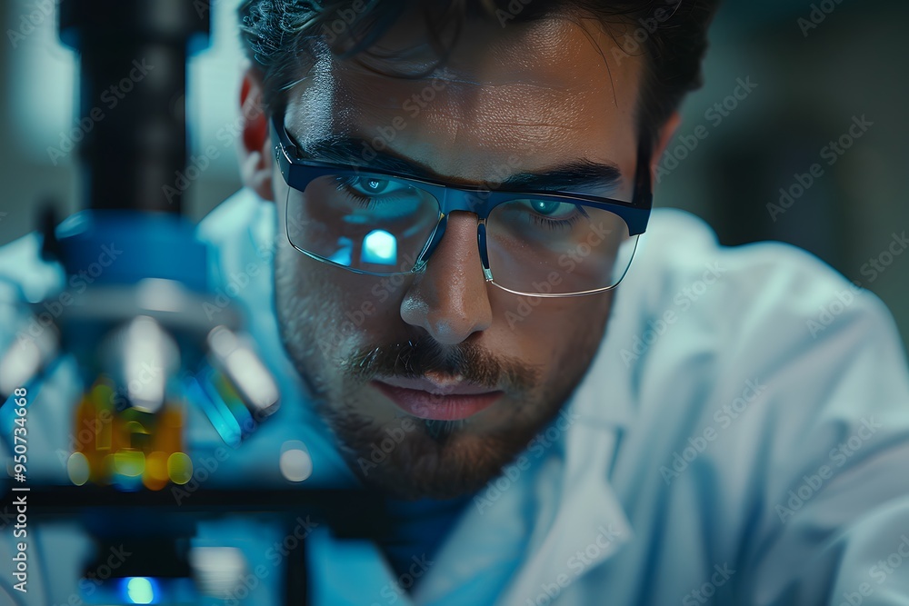 Poster focused scientist analyzing samples under a microscope in a laboratory setting