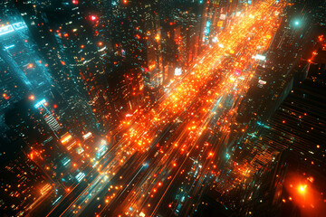 Fototapeta premium An overhead image of a bustling cityscape at night, with illuminated streets forming a network of glowing lines and patterns. Concept of urban energy and city lights.