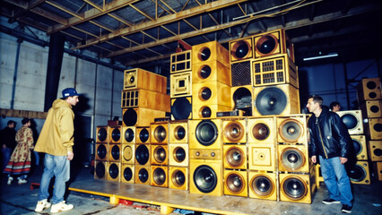 Geometric soundsystem with powerful speakers dominating warehouse party space