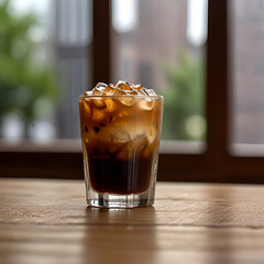 A cool iced coffee cup sits on a warm wooden table surrounded by a few coffee beans and a sugar cube against a soft, creamy background that evokes the feeling of the morning sun.