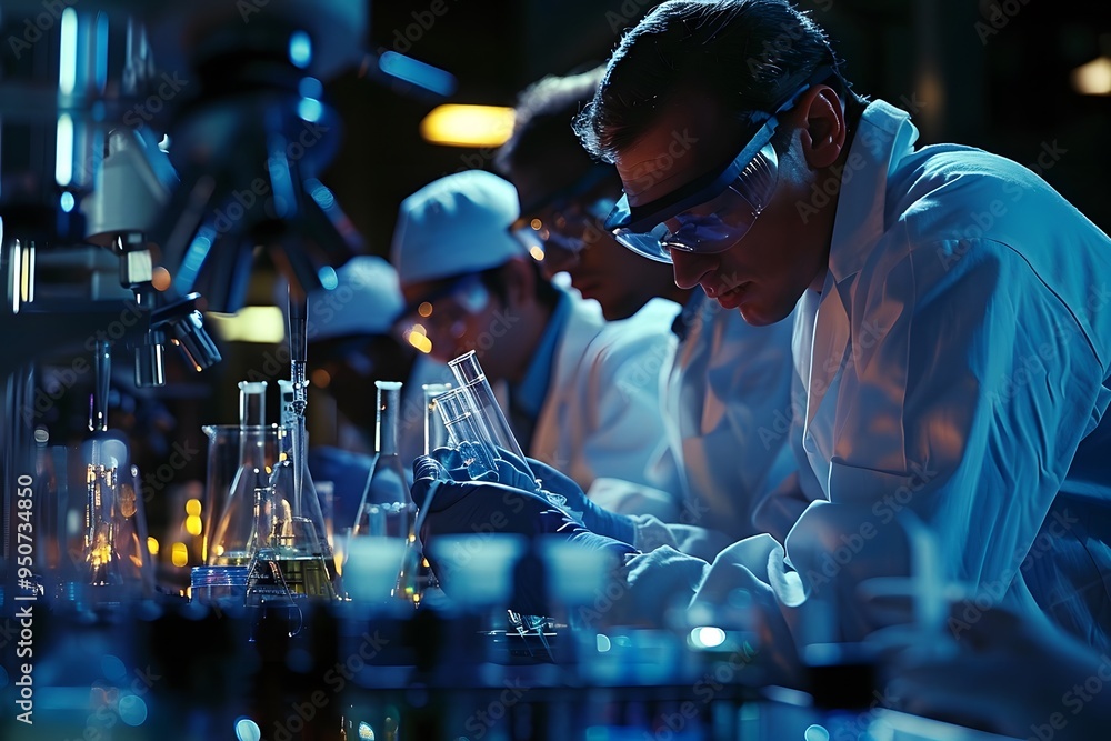Poster scientists conducting experiments in a high-tech laboratory