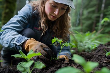 Nurturing Nature: A Gardener Tending to Young Plants in a Lush Forest Setting