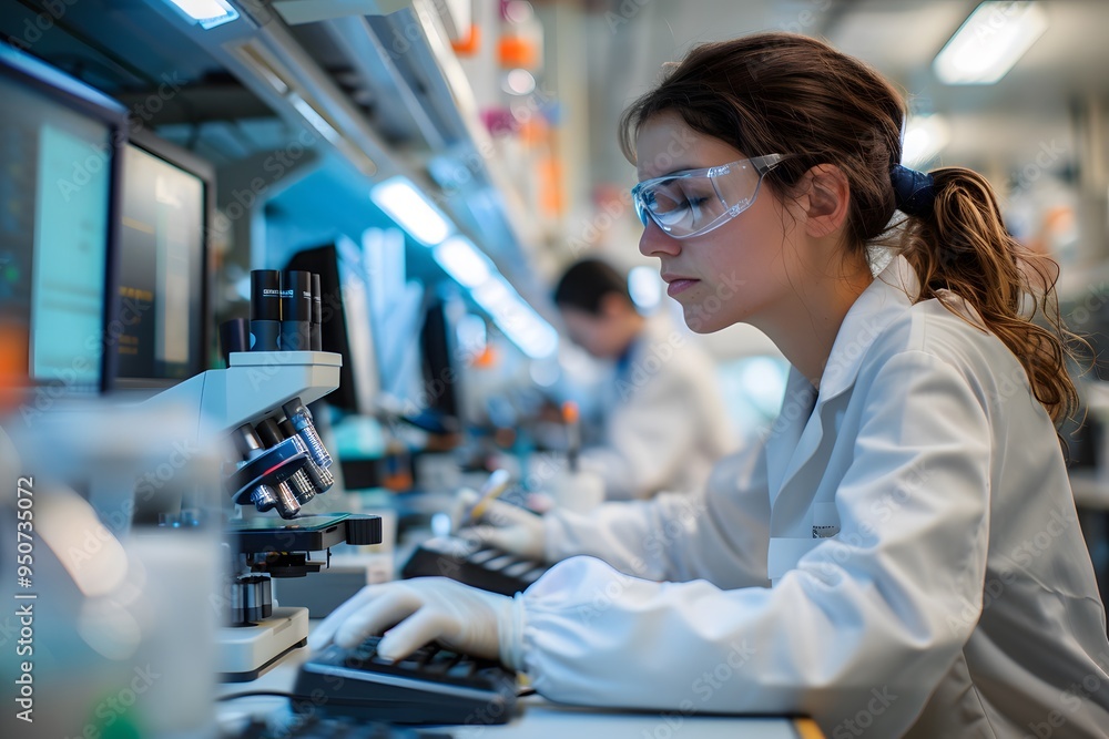 Poster focused researcher analyzing data in a modern laboratory setting