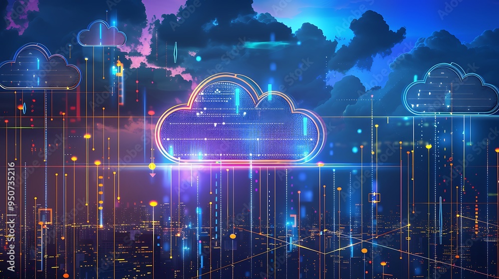 Poster Global internet network connection and data backup on cloud storage. Cloud computing technology