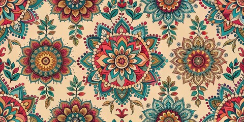 Boho floral seamless pattern with traditional Indian motifs, Indian, boho, floral, seamless, pattern, traditional