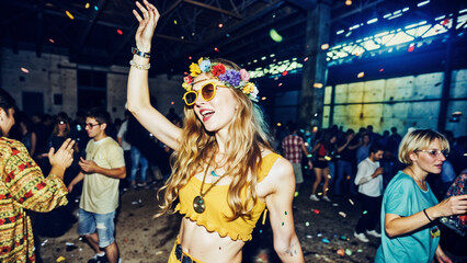 Intense close-up of passionate dancer lost in music at rusty warehouse party