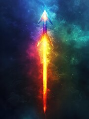 Illuminated Neon Arrow with Light Burst in Enigmatic Mist - Vibrant Abstract Concept for Direction or Innovation in Darkness