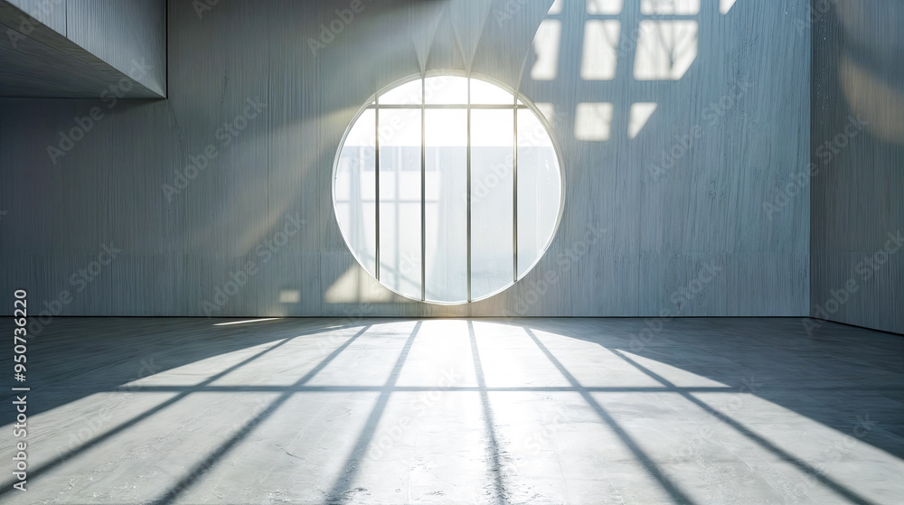 Poster empty room interior with concrete floor round window and sun rays falling inside architecture design